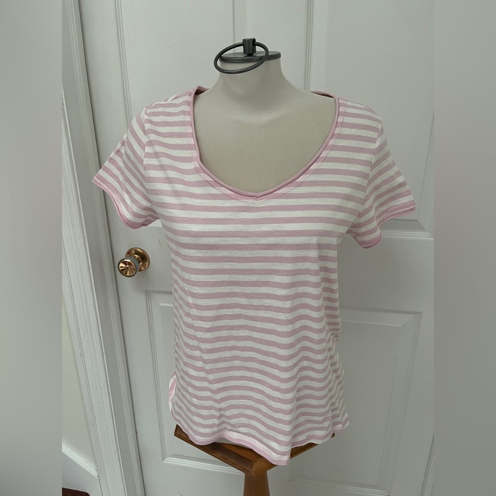 Pink and White Striped Women's Top, cotton, V-neck